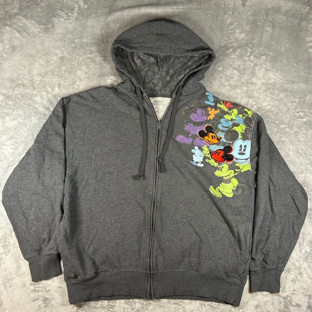 Disneyland Mickey Mouse Full Zip Hoodie Grey Multi Color Collage Embroidered L